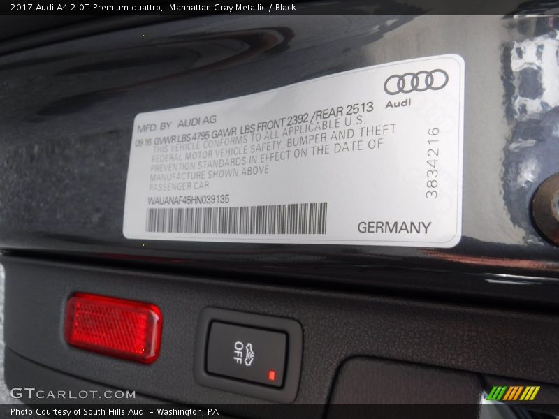 Manhattan Gray Metallic / Black 2017 Audi A4 2.0T Premium quattro