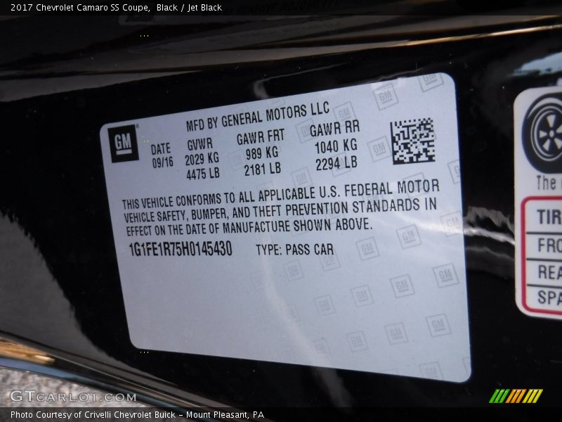 Black / Jet Black 2017 Chevrolet Camaro SS Coupe
