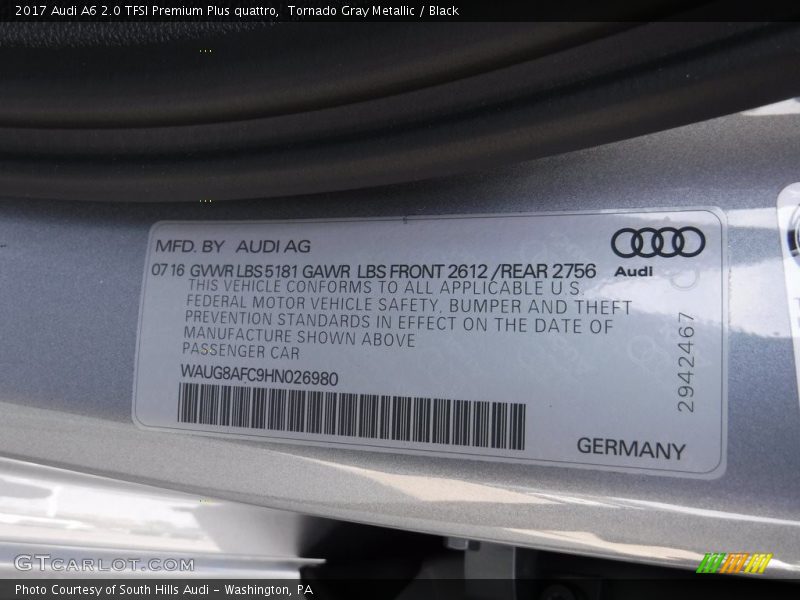 Tornado Gray Metallic / Black 2017 Audi A6 2.0 TFSI Premium Plus quattro