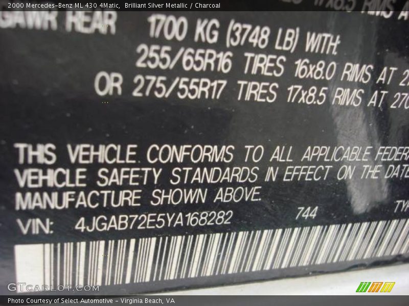 Brilliant Silver Metallic / Charcoal 2000 Mercedes-Benz ML 430 4Matic