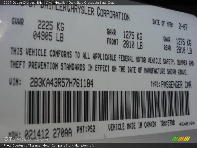 Bright Silver Metallic / Dark Slate Gray/Light Slate Gray 2007 Dodge Charger