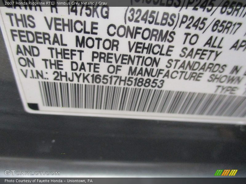 Nimbus Grey Metallic / Gray 2007 Honda Ridgeline RTL