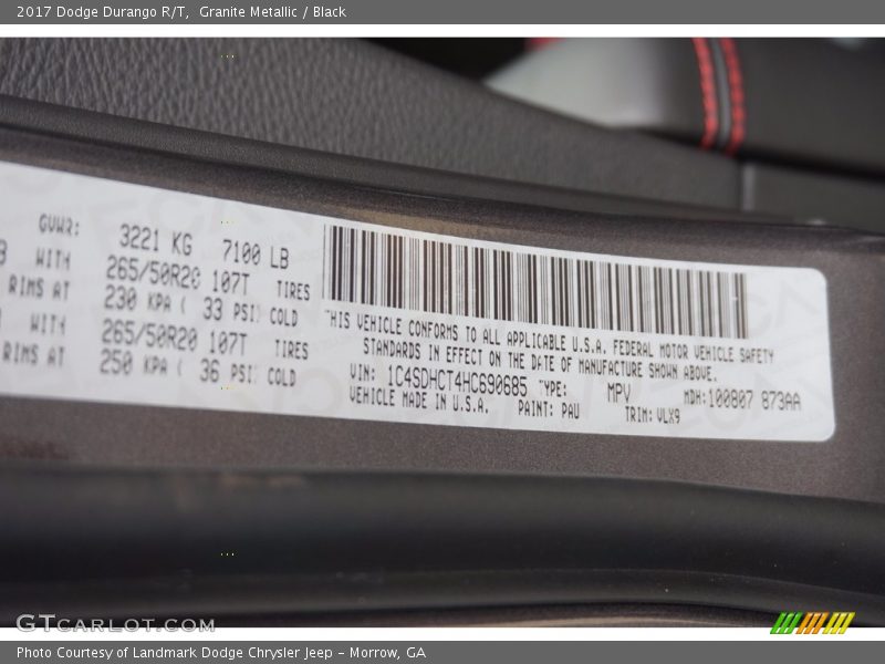 2017 Durango R/T Granite Metallic Color Code PAU