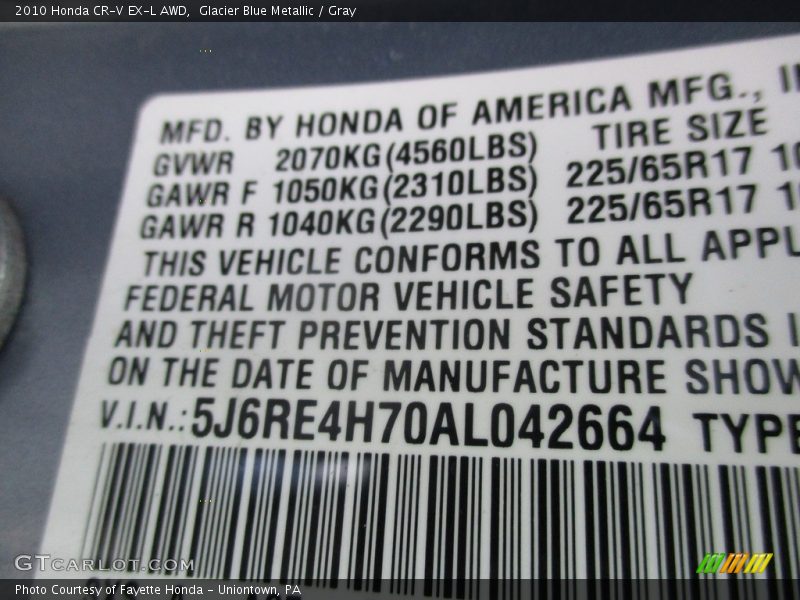 Glacier Blue Metallic / Gray 2010 Honda CR-V EX-L AWD