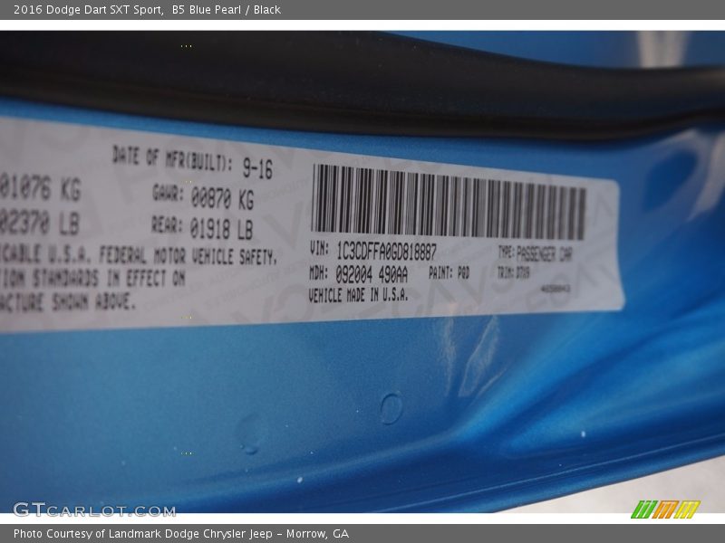 B5 Blue Pearl / Black 2016 Dodge Dart SXT Sport