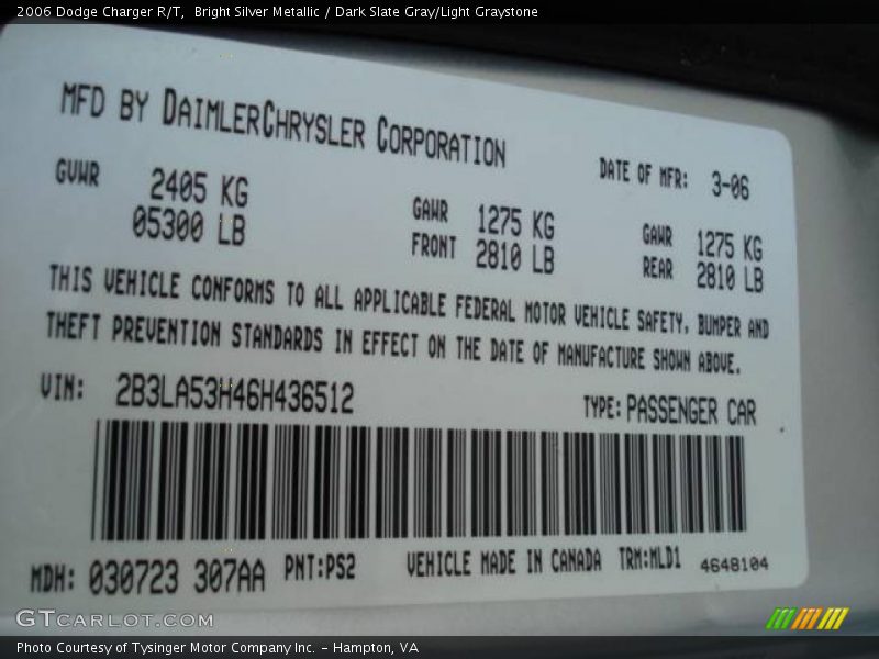 Bright Silver Metallic / Dark Slate Gray/Light Graystone 2006 Dodge Charger R/T