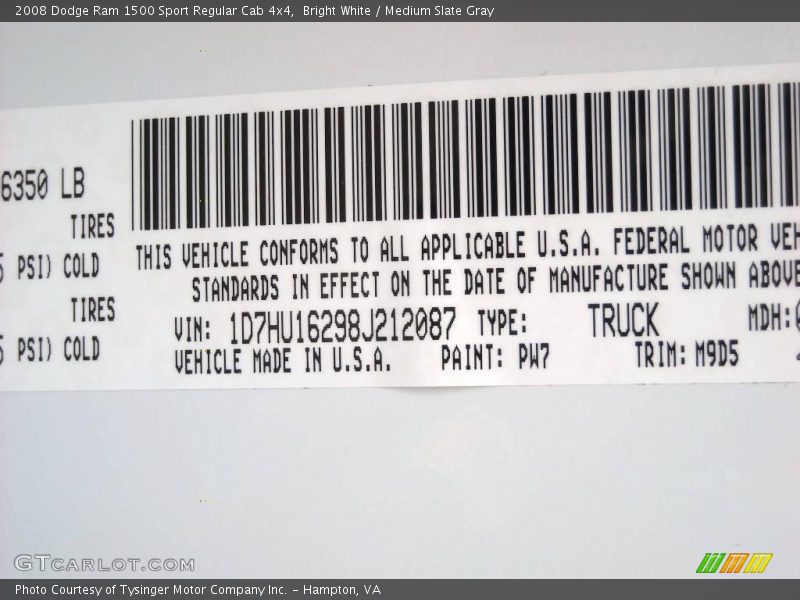 2008 Ram 1500 Sport Regular Cab 4x4 Bright White Color Code PW7