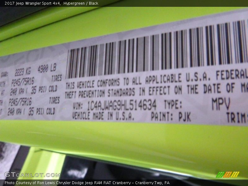 2017 Wrangler Sport 4x4 Hypergreen Color Code PJK