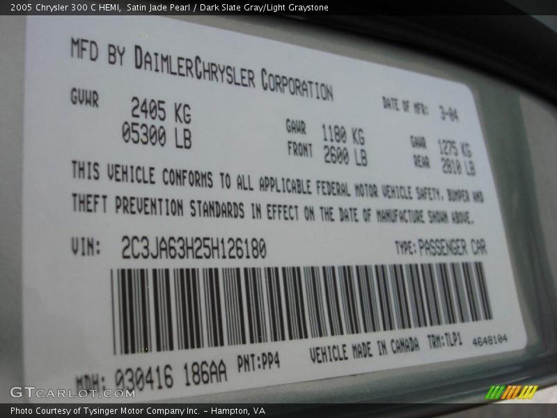 Satin Jade Pearl / Dark Slate Gray/Light Graystone 2005 Chrysler 300 C HEMI