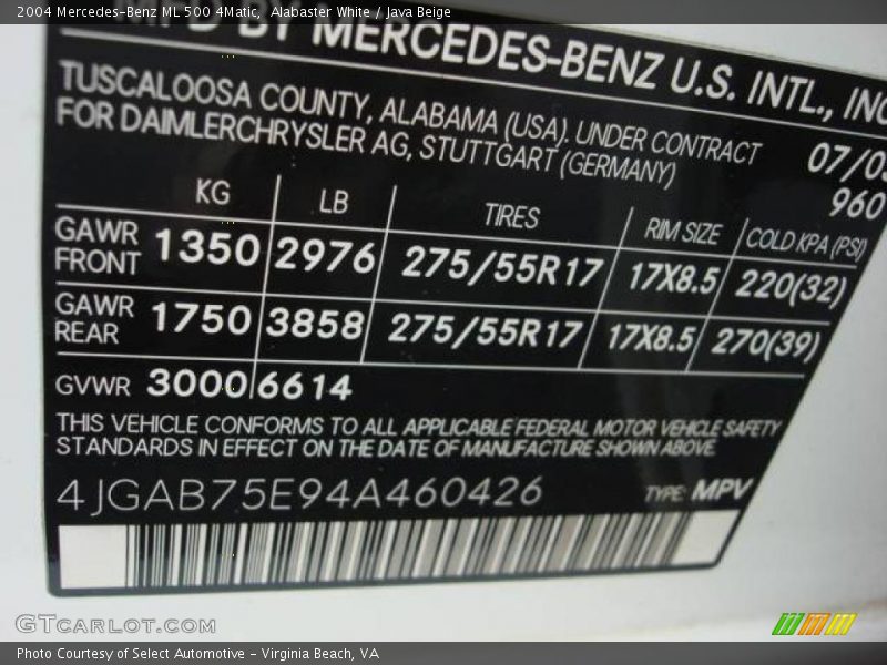 Alabaster White / Java Beige 2004 Mercedes-Benz ML 500 4Matic