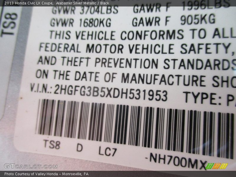 Alabaster Silver Metallic / Black 2013 Honda Civic LX Coupe