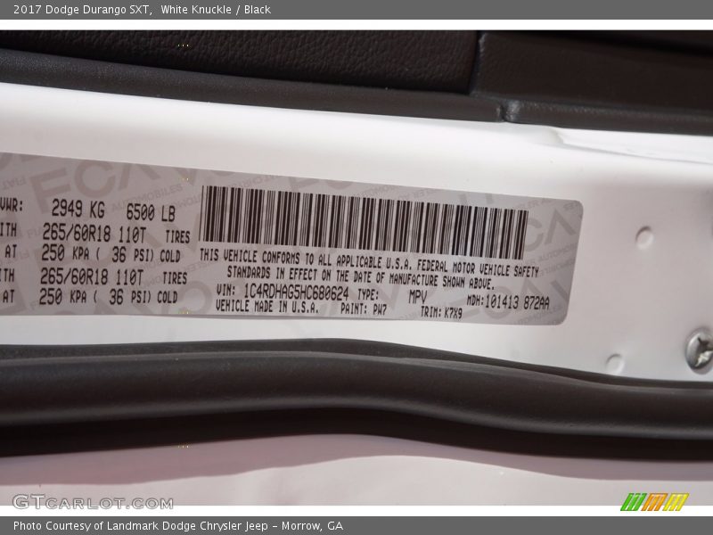 2017 Durango SXT White Knuckle Color Code PW7