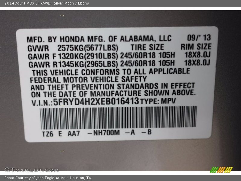 Silver Moon / Ebony 2014 Acura MDX SH-AWD