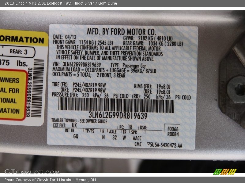 Ingot Silver / Light Dune 2013 Lincoln MKZ 2.0L EcoBoost FWD