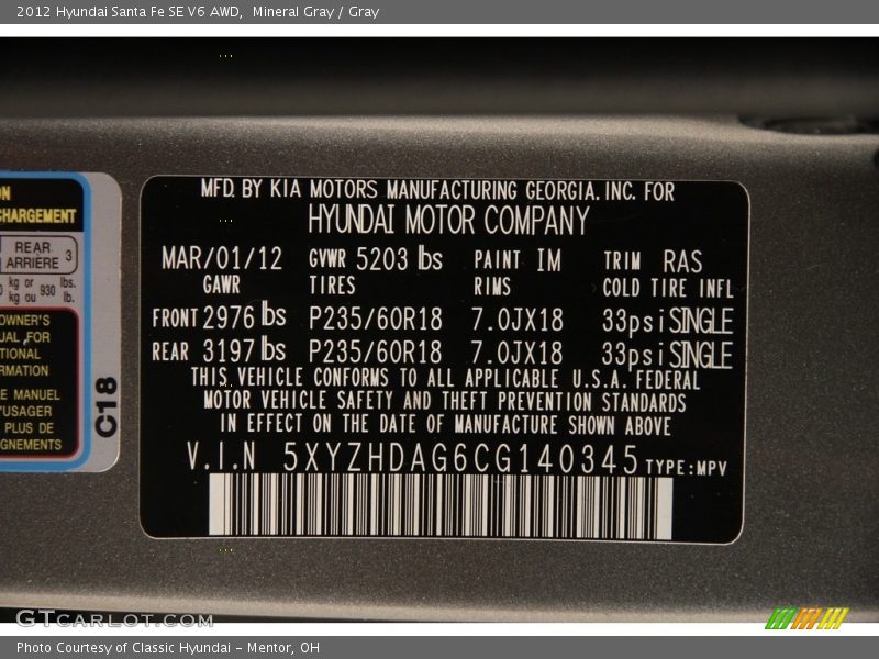 Mineral Gray / Gray 2012 Hyundai Santa Fe SE V6 AWD