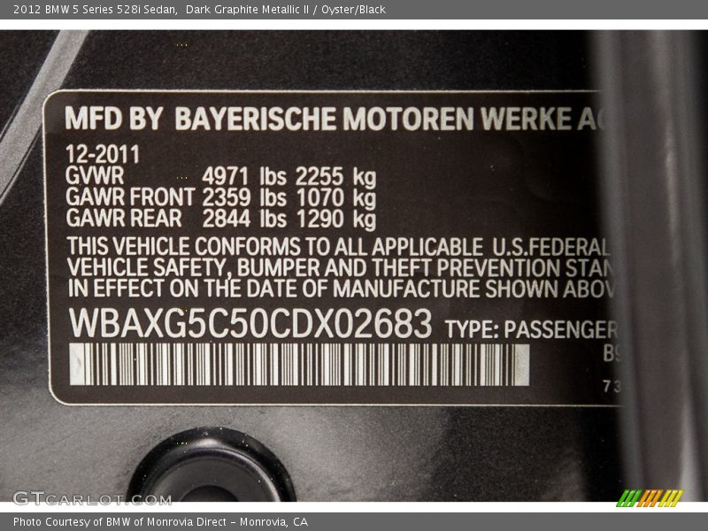 Dark Graphite Metallic II / Oyster/Black 2012 BMW 5 Series 528i Sedan