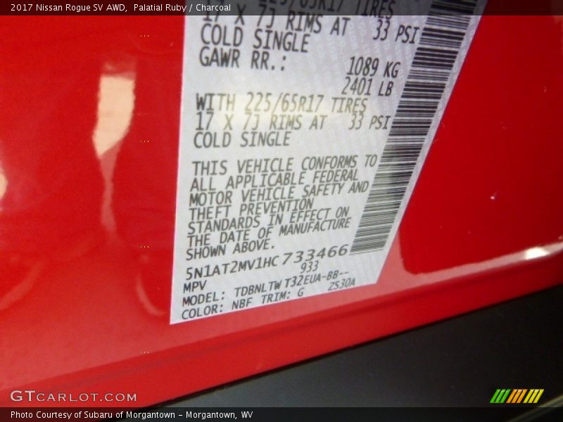 2017 Rogue SV AWD Palatial Ruby Color Code NBF