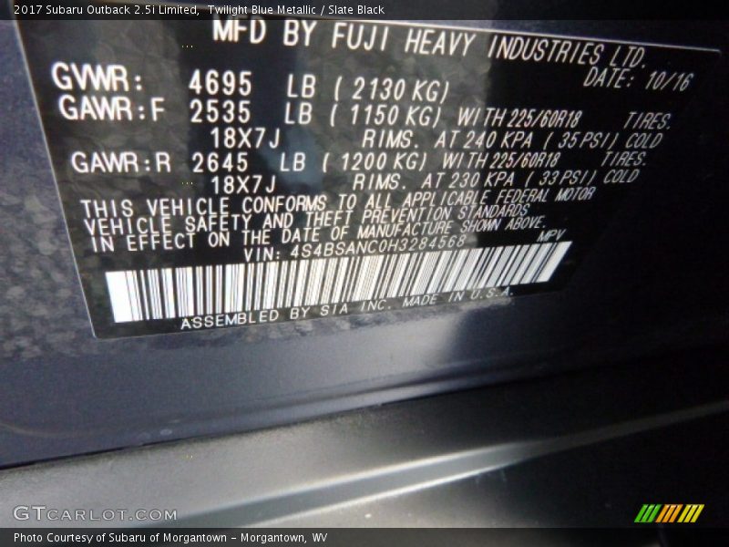 Twilight Blue Metallic / Slate Black 2017 Subaru Outback 2.5i Limited