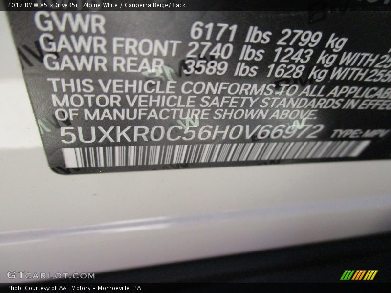 Alpine White / Canberra Beige/Black 2017 BMW X5 xDrive35i