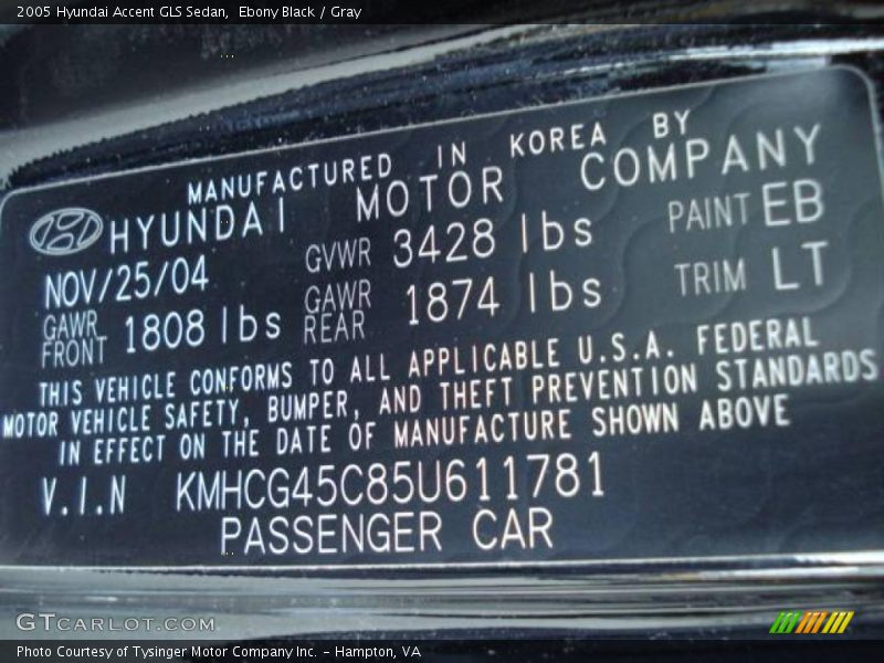 Ebony Black / Gray 2005 Hyundai Accent GLS Sedan