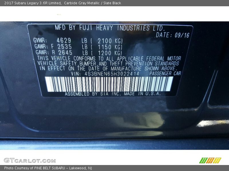 Carbide Gray Metallic / Slate Black 2017 Subaru Legacy 3.6R Limited