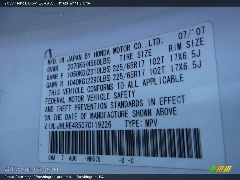 Taffeta White / Gray 2007 Honda CR-V EX 4WD