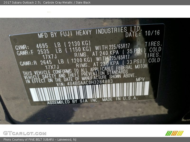 Carbide Gray Metallic / Slate Black 2017 Subaru Outback 2.5i