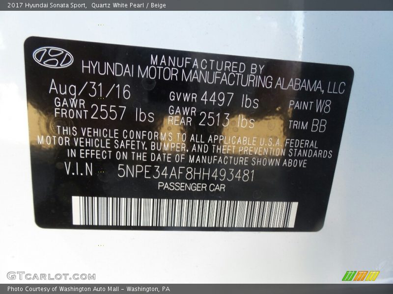 2017 Sonata Sport Quartz White Pearl Color Code W8