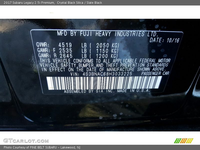 Crystal Black Silica / Slate Black 2017 Subaru Legacy 2.5i Premium