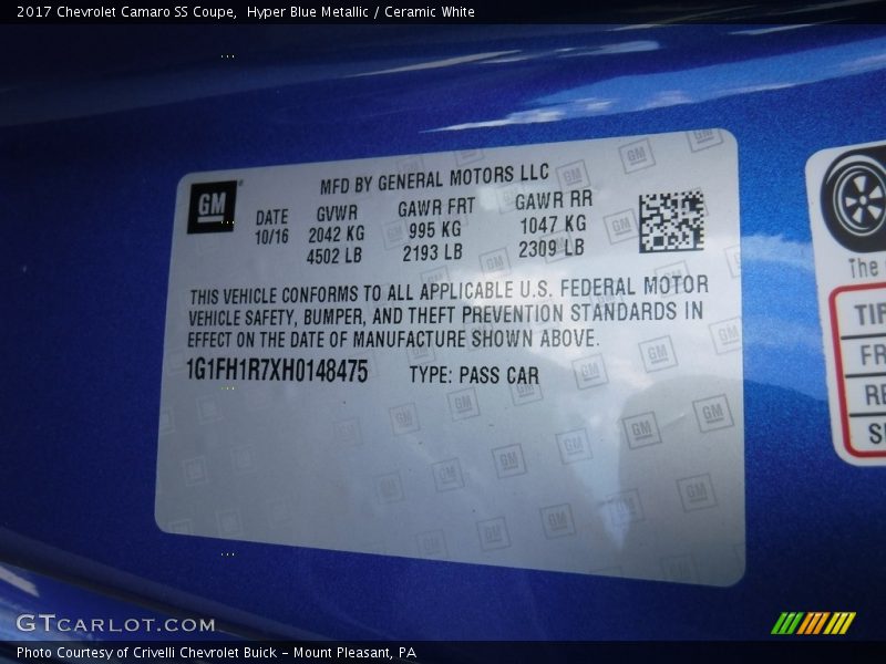 Hyper Blue Metallic / Ceramic White 2017 Chevrolet Camaro SS Coupe