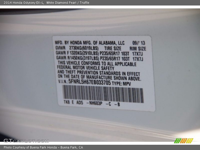 White Diamond Pearl / Truffle 2014 Honda Odyssey EX-L