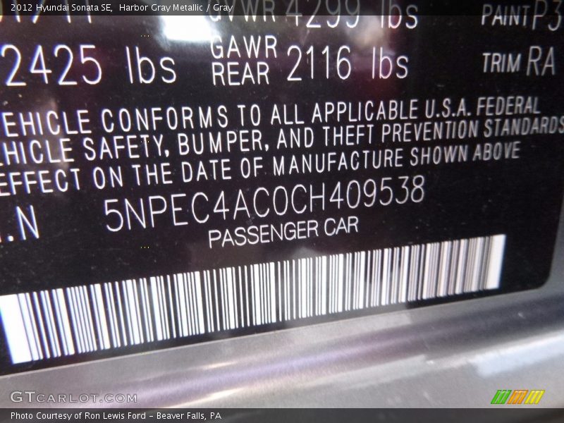 Harbor Gray Metallic / Gray 2012 Hyundai Sonata SE