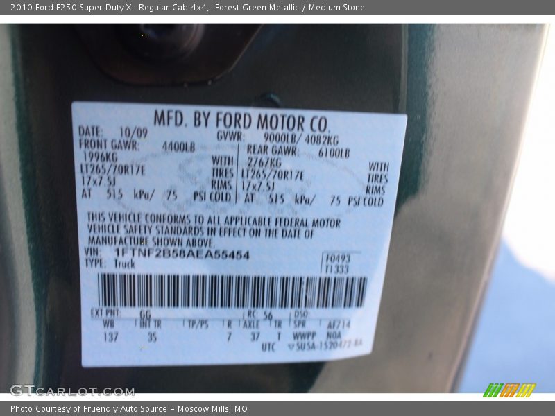 Forest Green Metallic / Medium Stone 2010 Ford F250 Super Duty XL Regular Cab 4x4