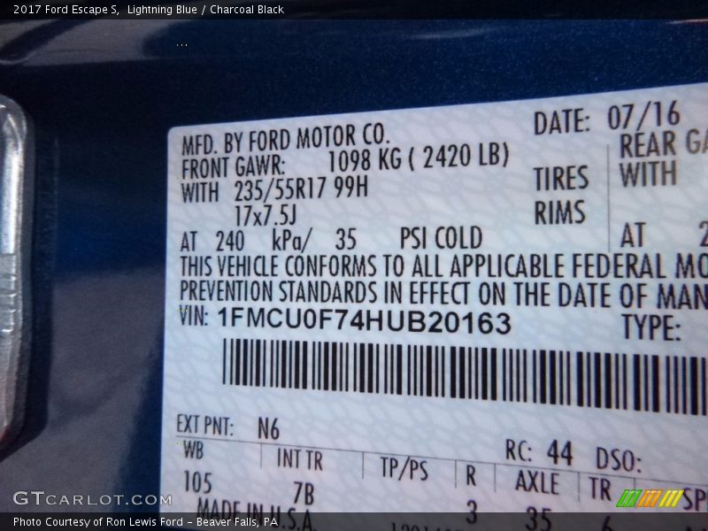 Lightning Blue / Charcoal Black 2017 Ford Escape S