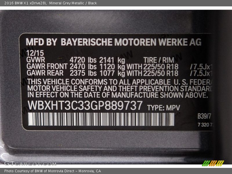 Mineral Grey Metallic / Black 2016 BMW X1 xDrive28i