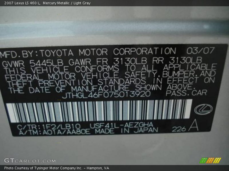 Mercury Metallic / Light Gray 2007 Lexus LS 460 L