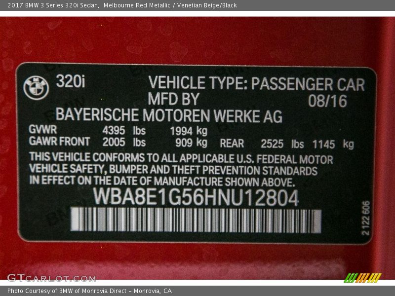 Melbourne Red Metallic / Venetian Beige/Black 2017 BMW 3 Series 320i Sedan