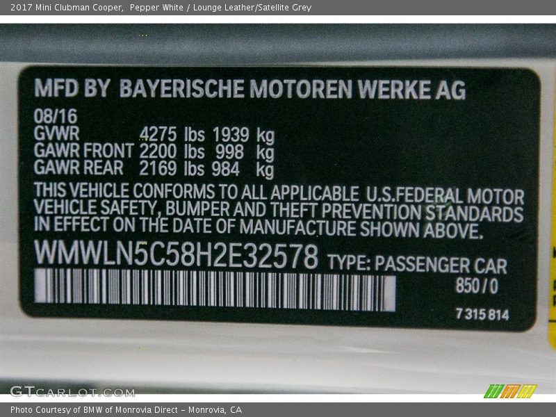 2017 Clubman Cooper Pepper White Color Code 850