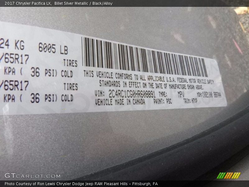 Billet Silver Metallic / Black/Alloy 2017 Chrysler Pacifica LX