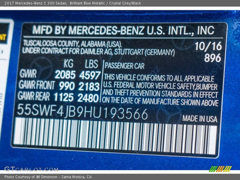 Brilliant Blue Metallic / Crystal Grey/Black 2017 Mercedes-Benz C 300 Sedan