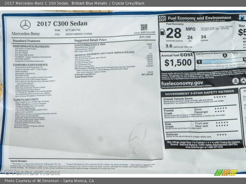 Brilliant Blue Metallic / Crystal Grey/Black 2017 Mercedes-Benz C 300 Sedan
