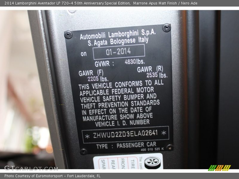 Info Tag of 2014 Aventador LP 720-4 50th Anniversary Special Edition