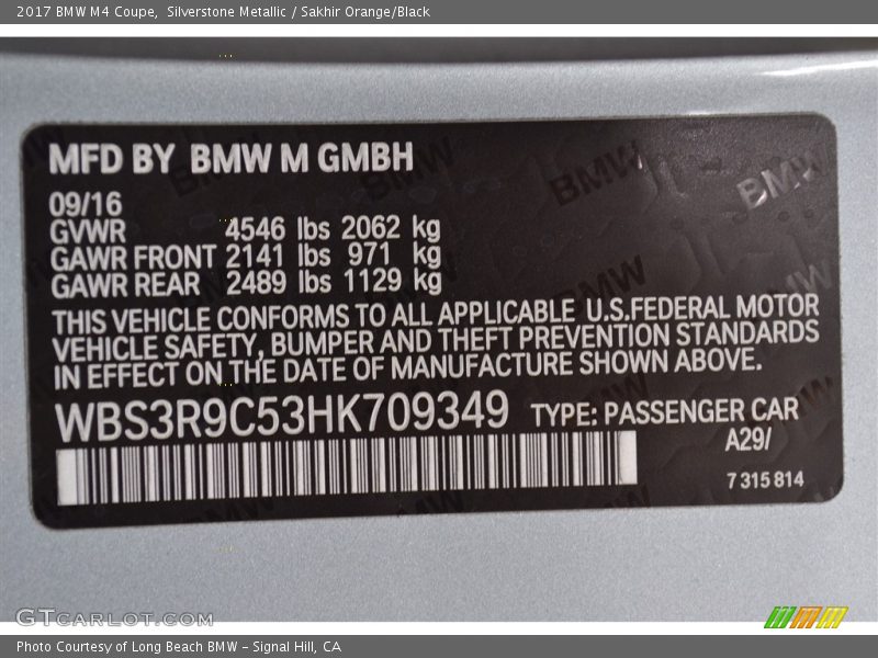 2017 M4 Coupe Silverstone Metallic Color Code A29