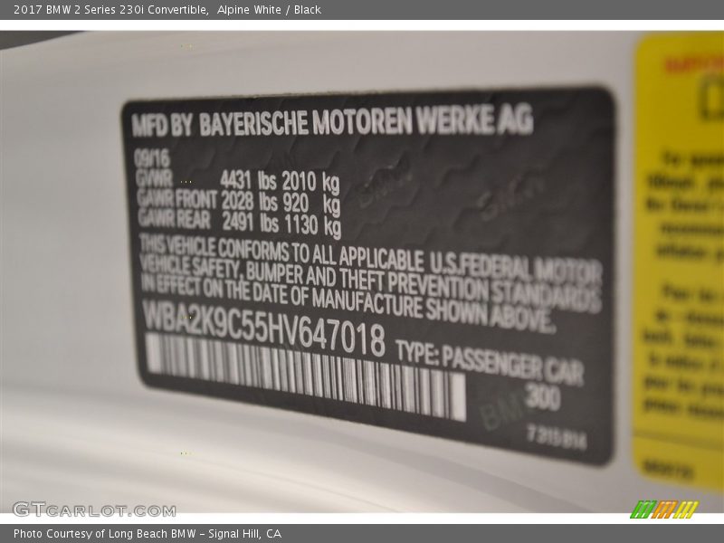 Alpine White / Black 2017 BMW 2 Series 230i Convertible