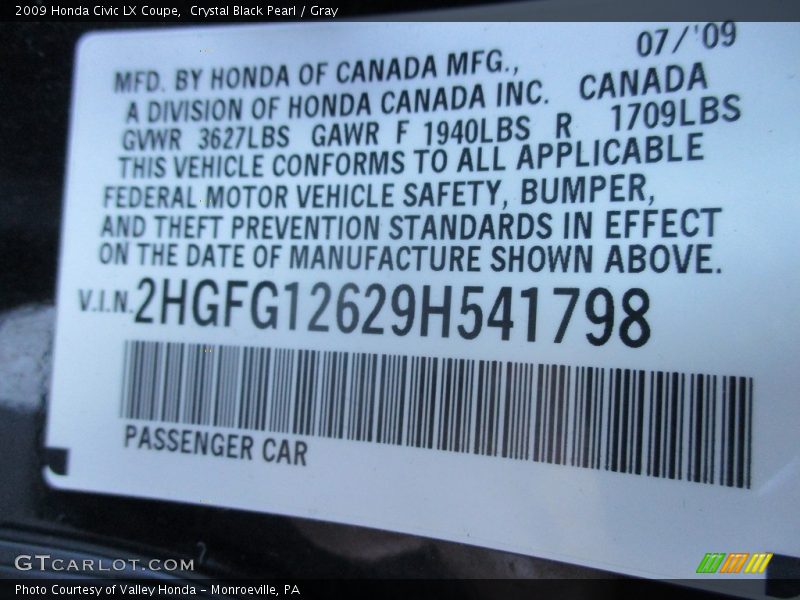 Crystal Black Pearl / Gray 2009 Honda Civic LX Coupe