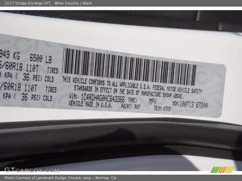 2017 Durango SXT White Knuckle Color Code PW7