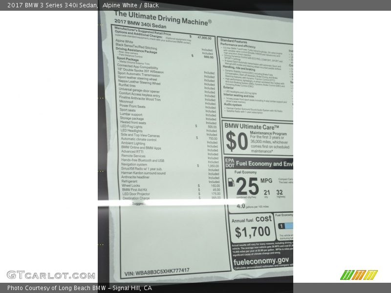  2017 3 Series 340i Sedan Window Sticker