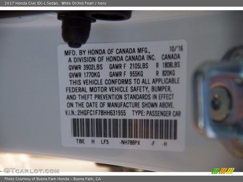 White Orchid Pearl / Ivory 2017 Honda Civic EX-L Sedan