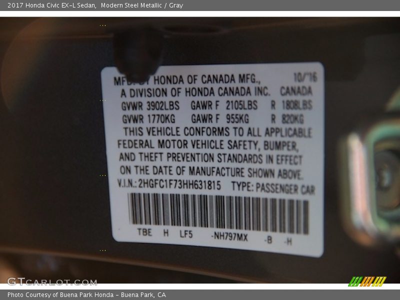 Modern Steel Metallic / Gray 2017 Honda Civic EX-L Sedan