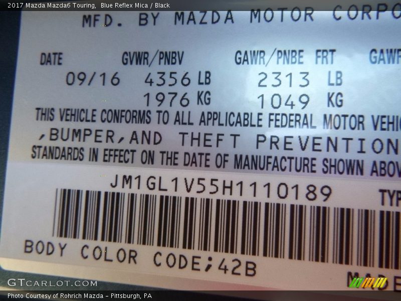 2017 Mazda6 Touring Blue Reflex Mica Color Code 42B